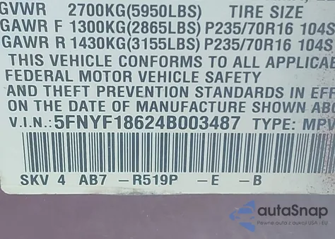 2004 Honda Pilot Ex-L z USA, uszkodzony, nr VIN 5FNYF18624B003487